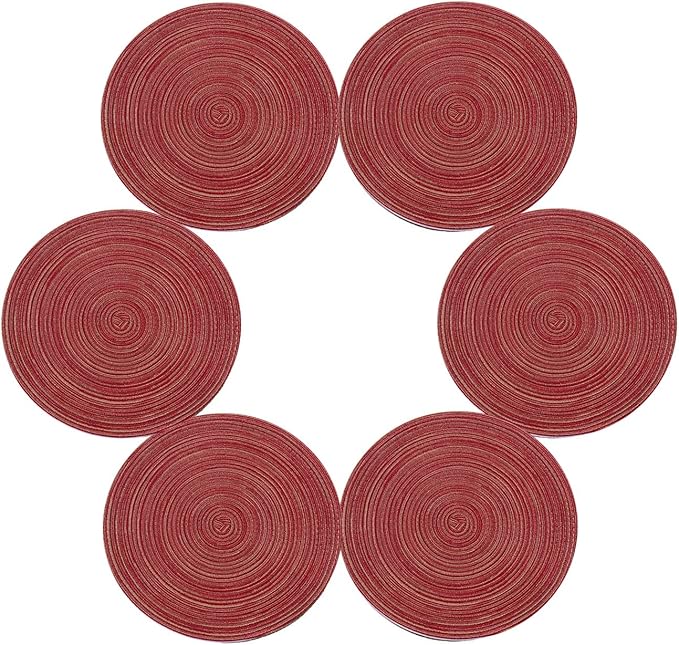 Topotdor 14 Inch Round Placemats Heat-Resistant Stain Resistant Anti-Skid Washable Polyproplene Table Mats Placemats (Burgundy Multi Color, Set of 6)