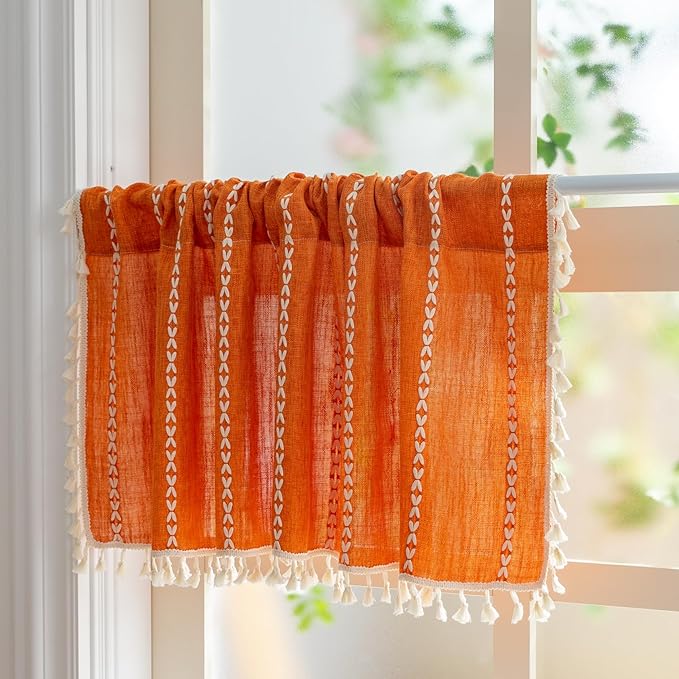 Sutuo Home Boho Kitchen Curtains Valance for Windows, Bohemian Short Curtains Light Filtering Farmhouse Vintage Tassels Window Treatment Embroidery Drape, Rod Pocket 1 Panel 52" W x 18" L, Orange