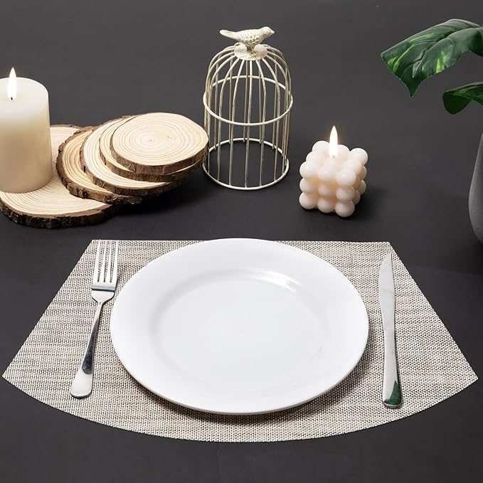 SHACOS Wedge Placemats Set of 8 Woven Vinyl Plastic Placemats for Small Round Table Place Mats Wipe Clean Non Slip Table Mats, Beige White Black