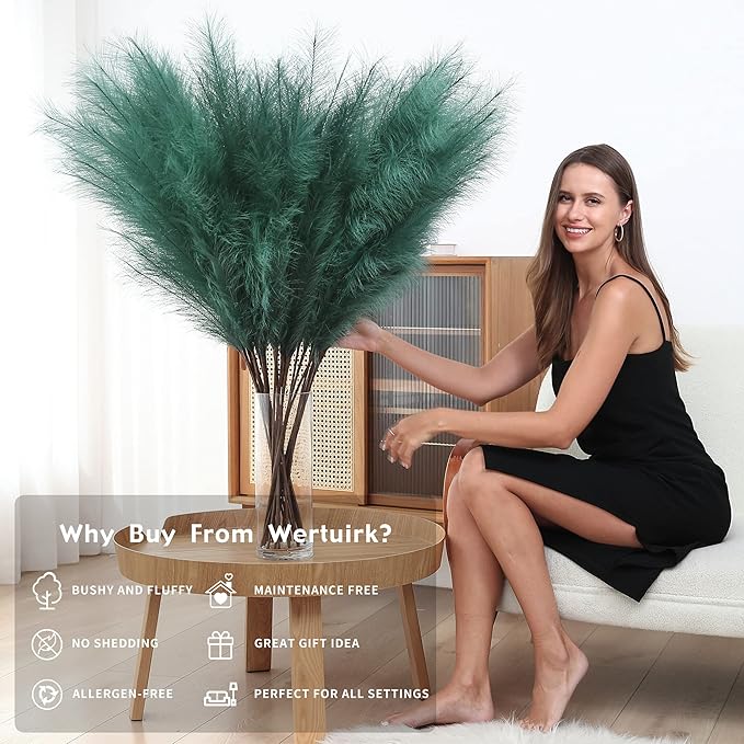 8 Pcs 45 inch Tall Faux Pampas Grass Decor, Large Artificial Green Pompous Grass Bulk, Long Fake Pompas for Floor Vase Filler, Wedding, Baby Shower, Home and Boho Decor (Green)