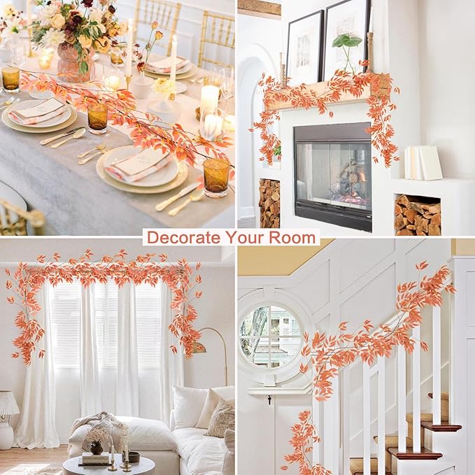 RECUTMS Artificial Hanging Willow Leaves Vine Twigs 2Pcs 5.7Ft Fall Garland Fake Silk Willows Leave Ivy Faux Greenery for Indoor Outdoor Wedding Jungle Birthday Autumn Wreath Thanksgiving Party Decor
