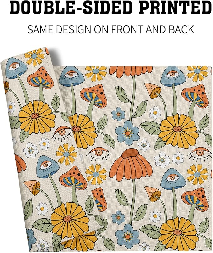 Retro Boho Floral Placemats Set of 4 70s Vintage Cute Abstract Mushrooms Fun Linen Washable Kitchen Dining Table Mats Stain Heat-Resistant Desktop Decor Place Mats for Home Party Dinner 12x18 in