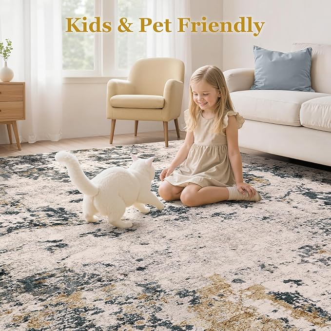 Area Rugs for Living Room: 10x12 Abstract Washable Rug Large Soft Stain Resistant Non-Slip Backing for Bedroom Dining Room Indoor Home Office Carpet for Kids Pet Friendly Families - Grey Gold