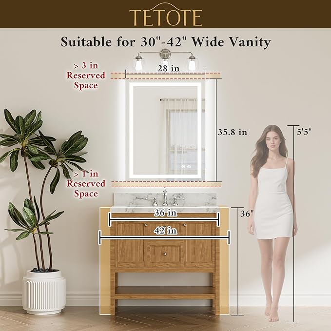 TETOTE LED Bathroom Mirror with Lights 28 x 36 Frontlit and Backlit Light up Mirror, Brighter Lighted Bathroom Mirror for Wall, 3-Color Anti Fog Mirror, Waterproof, Shatterproof Tempered Glass