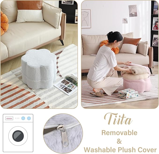 Tiita Floral Pouf Ottoman, Foot Stools Ottoman with Foam Chunk Filling, Puff Foot Rest for Couch, Living Room, Kids Room, Grey