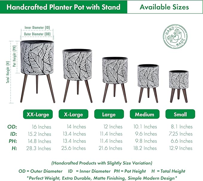 D'vine Dev 12 Inch Planter Pot with Stand, Mid-Century Tall Plant Pot with Legs for Indoor Plants, Large, White/Grey, 88-L-C-7