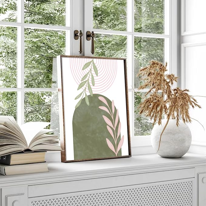 RETRART Sage Green Boho Wall Art, Minimalist Wall Art Wall Decor Geometric Line Leaf Sun Moon Beige Green Canvas Artwork Paintings, Abstract Botanical Sage Gr een Boho Room Decor - 8"x10"