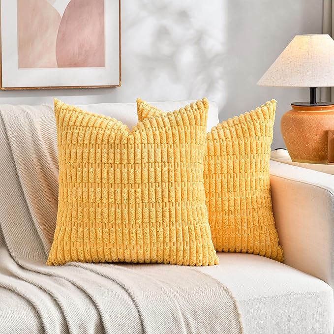Fancy Homi Set of 4 Spring Boho Decorative Throw Pillow Covers 16x16 Inch for Couch Bed Sofa, Sage Green Yellow Room Decor, Soft Fuzzy Fluffy Cozy Corduroy Textured Cushion Case 40x40cm