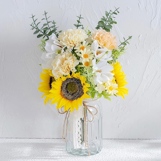 LUEUR Fake Flowers Artificial Sunflowers with Vase, Faux Silk Carnation,Daisy Flowers for Home Office Decorations, Kitchen Dining Table Decor, Farmhouse Centerpiece Table Decoration