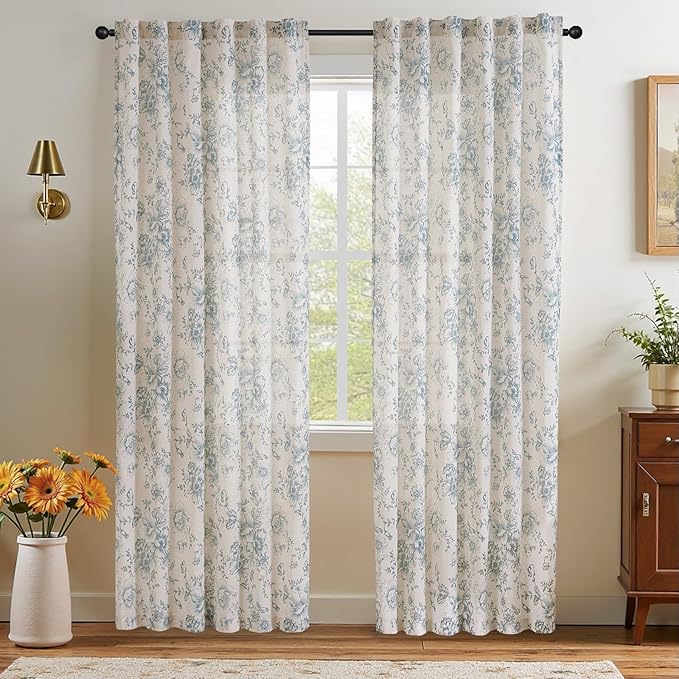 jinchan Linen Blend Curtain Floral Curtains for Living Room 90 Inch Length Blue Printed Curtain Rod Pocket Back Tab Farmhouse Peony Flower Patterned Drapes Bedroom Window Curtains Set 2 Panels