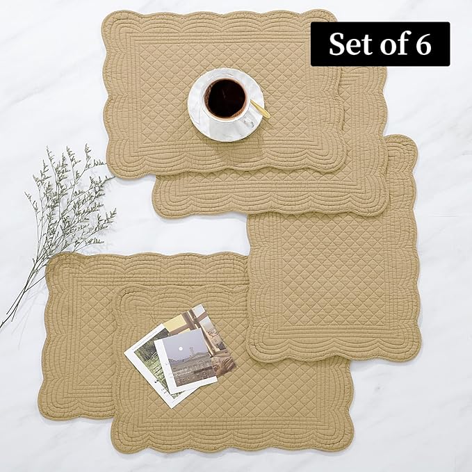 HOMBYS Quilted Placemats Set of 6 Washable-13x18 inches Rectangular Placemats for Kitchen Table-100% Cotton Fabric Rectangular Table Mats, (Dark Brown)