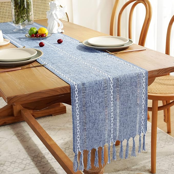 Rustic Farmhouse Style Linen Table Runner, Boho Handmade Tassel Hemstitched Embroidered Small Table Runners 48 Inches Long for Holiday Party, Dresser and Dining Decorations, 13 x 48 inch - Blue