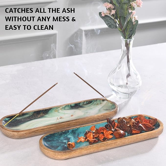 Folkulture Incense Holder or Incense Burner, Incense Holder for Sticks or Wooden Incense Tray for Sticks, Modern Insence-Stick Holder, Ash Catcher, Mango Wood, Set of 2, Blue and Green Agate