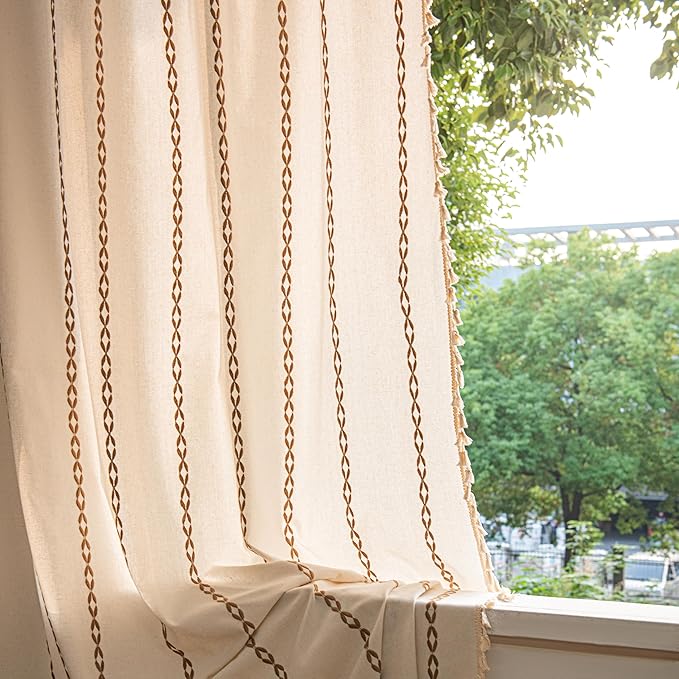 Sutuo Home Boho Curtains for Bedroom Living Room 96 Inches Long, Bohemian Drape Privacy Country Rustic Semi Blackout Farmhouse for House Decor Rod Pocket, 1 Panel W52 x L96 White and Coffee