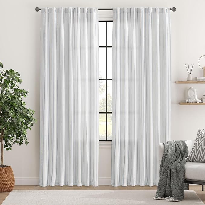 Jinchan Blue and White Striped Curtains 84 Inches Long for Living Room Bedroom - Pinstripe Privacy Light Filtering Rod Pocket Modern Window Curtains Set 2 Panels