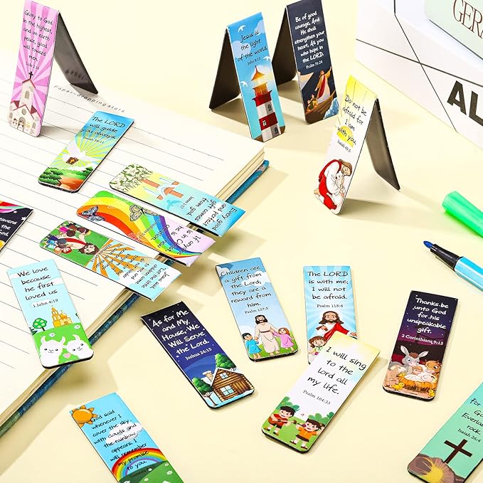 30 Pieces Christian Bookmarks Magnetic Bible Verse Bookmarks Religious Scripture Inspirational Church Supplies Motivational Prayer Page Clips for Kids Women Teachers Students School Gifts (Cartoon)