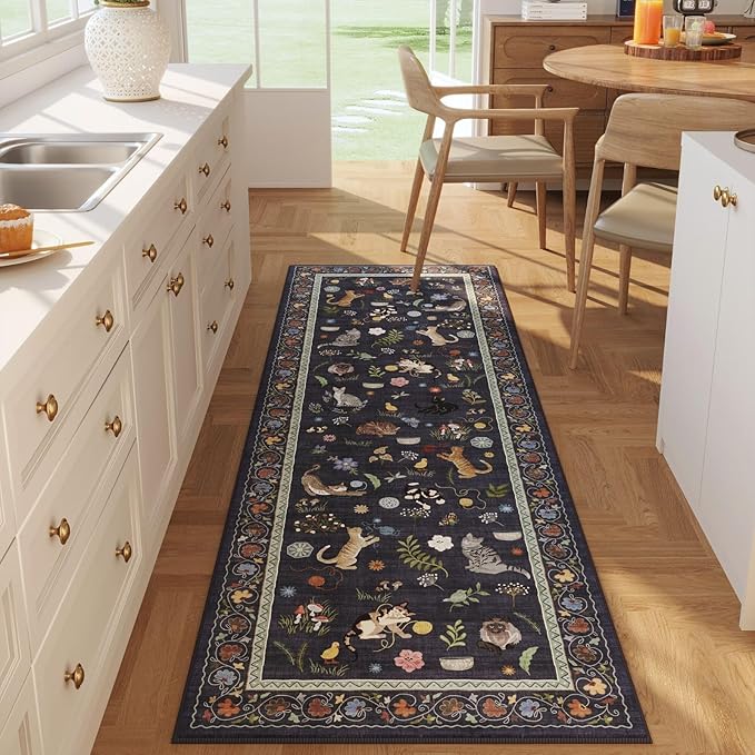 Runner Rug for Kitchen Non Slip 2'6''x8' Washable Rugs with Rubber Backing Soft Floral Animal Cat Carpet Runner for Kitchen Laundry Bedroom Bathroom, Cobalt Blue