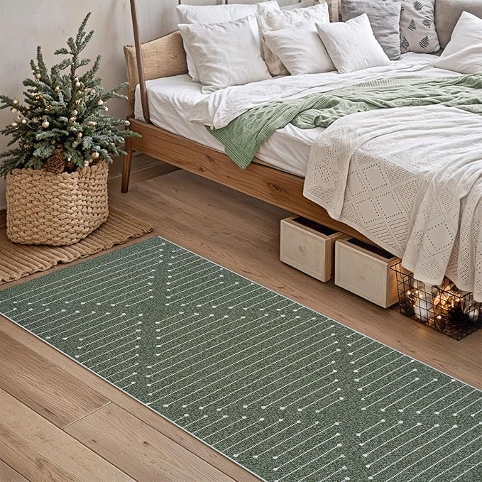 LIVEBOX Green Runner Washable Rug 2'x6', Boho Long Hallway Runner Rugs, Moroccan Woven Kitchen Runners, Entryway Throw Rug Indoor Cotton Mat for Bedroom Laundry Bathroom(Green & White)