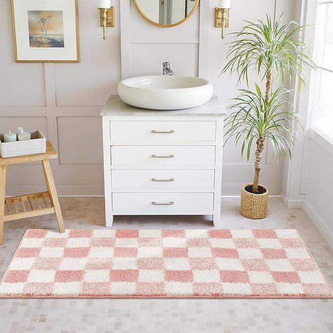 GRANNY SAYS Checkered Pink Bathroom Rugs, 48" x 24", Fluffy Rug, Absorbent Microfiber Ultra Soft Bath Mat Washable, Non-Slip Bath Mats for Bathroom, Cute Floor Mat for Tub, Shower, Bedroom