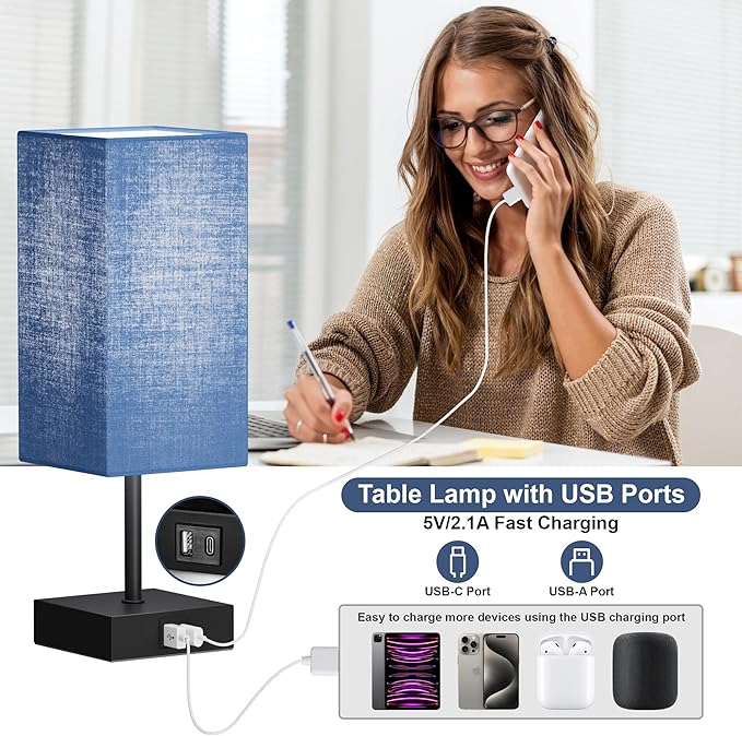 Sailstar Bedside Table Lamp for Bedroom, 3 Way Dimmable Touch Lamp with USB C+A Charging Ports, Small Nightand Lamps for Bedroom Decor, Living Room, LED Bulbs Included, Upgraded Navy Blue