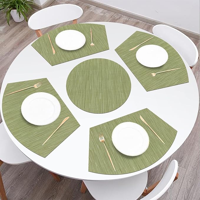 SHACOS Large Size Wedge Shape Placemats with Centerpiece Round Mat Set of 5 Round Table Place Mats Washable Dining Table Placemats Reversible, Green