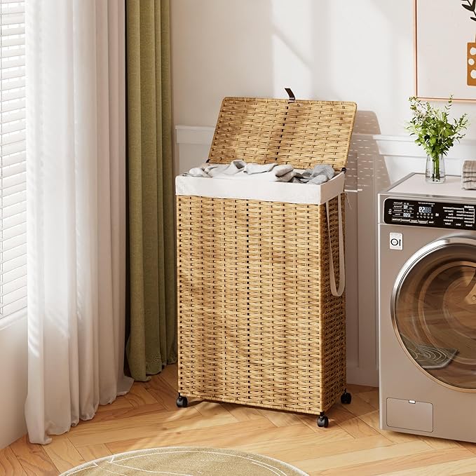 Rolling Laundry Hamper with Wheels and Lid, 90L Slim Laundry Basket with Removable Bag, Foldable Handwoven Rattan Laundry Sorter, Narrow Dirty Clothes Basket Organizer, No Assembly, Natural