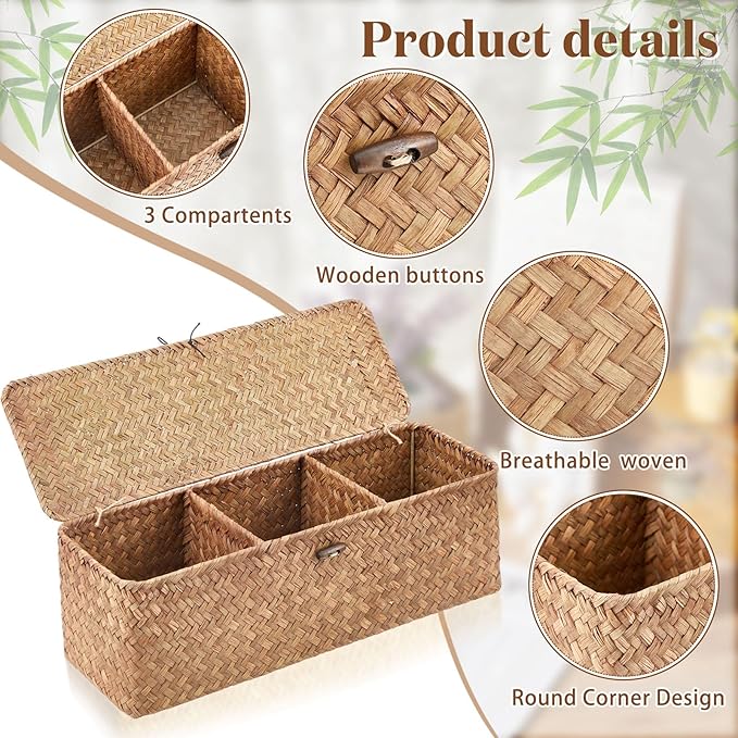 Cunhill 2 Pieces Seagrass Baskets with Lid Toilet Paper Basket with Lid Rectangular Hand Woven Wicker Bin Storage Box for Toilet Dresser Shelves Organizing(16.54 x 5.51 x 5.51 Inches,Khaki)