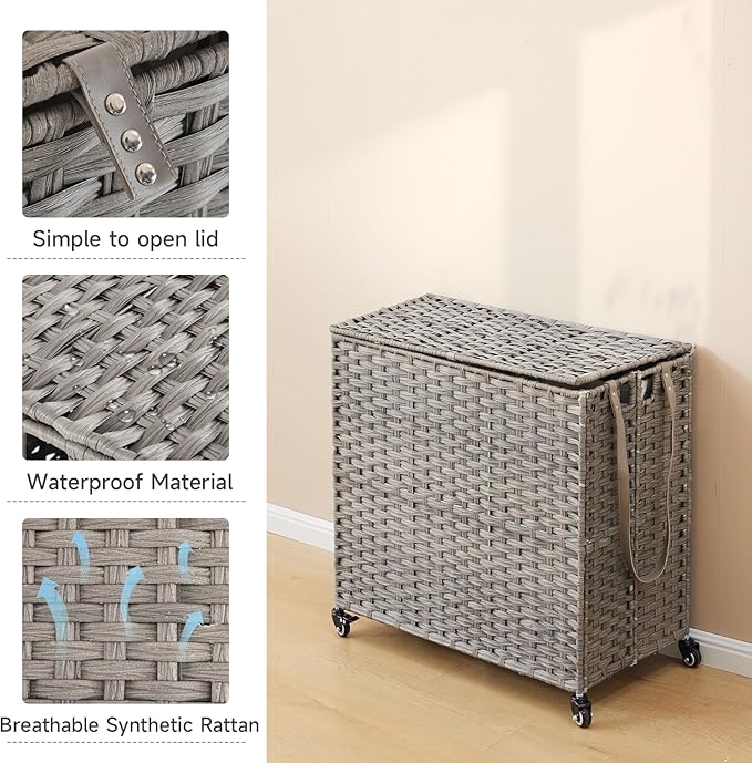 Laundry Hamper with Wheels, 39.6 Gallon(150L) Rolling Laundry Basket with Lid, 3-Section Rattan Clothes Hamper with 3 Removable Liner & 3 Mesh Bags, Laundry Sorter with Side Pocket, Grey