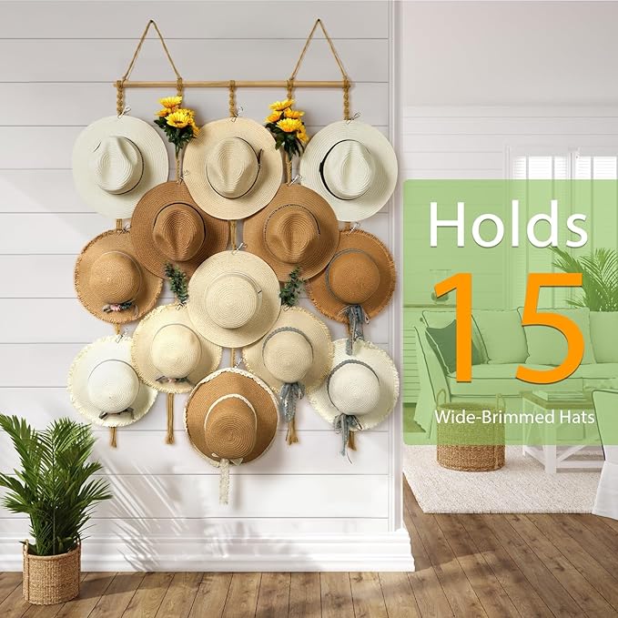 Macrame Hat Organizer Rack for Wall 15 Clips 31x53in Large Fedora Hat Hangers Display for Wide Brimmed Hat Holder Storage Boho Decor for Fedora Sun Straw Panama Closet Bedroom Brown