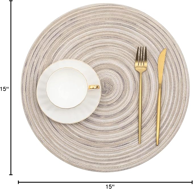 SHACOS Round Braided Placemats 15 inch Set of 4 Variegated Washable Kitchen Table Placemats for Home Wedding Party (Rainbow Gray, 4)