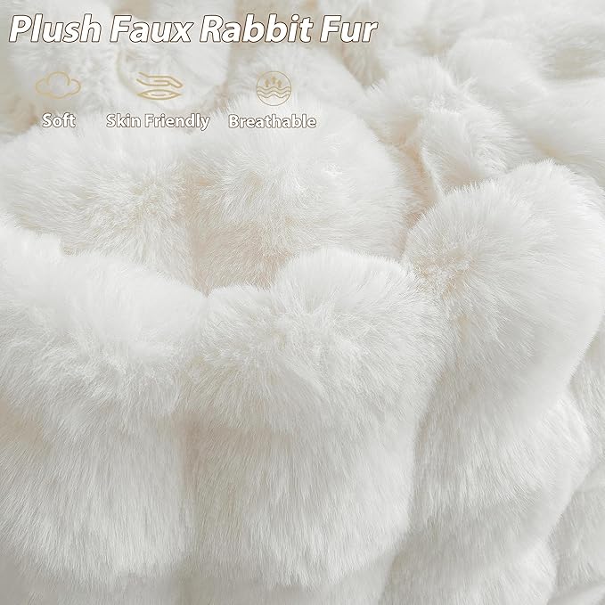 LIFEREVO Faux Rabbit Fur Round Inflatable Pouf Ottoman, 20 X 16 Waffle Bubble Fluffy Fuzzy Floor Poufs Foot Rest for Adults Kids Girls, Furry Pouf Chair Foot Stool Couch Home Decor, Anti-Slip, Beige