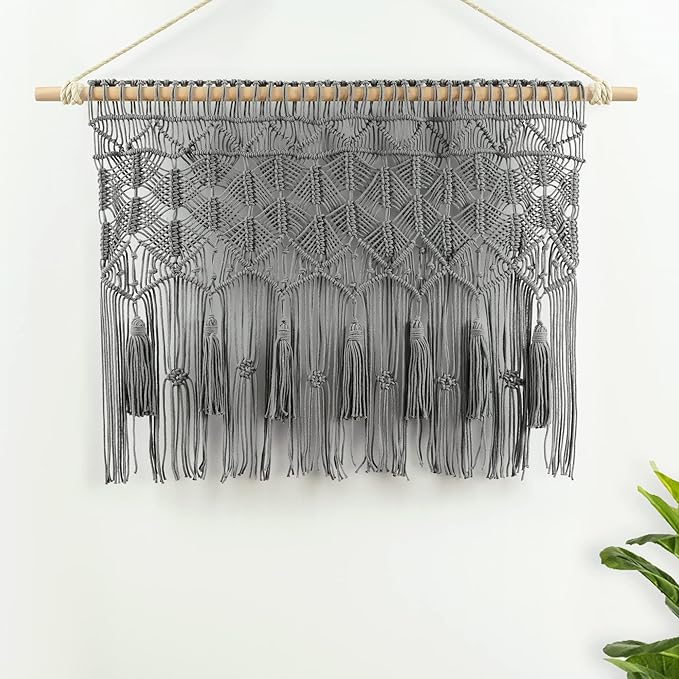 Lush Decor Boho Macrame Tassel Cotton Valance/Kitchen Curtain/Wall Decor, 30" L x 40" W, Gray