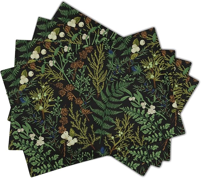 Green Leaves Placemats Set of 4 Botanical Fern Leaf Floral Place Mats Washable Kitchen Dining Spring Summer Black Linen Table Mats Stain Heat-Resistant for Home Party Indoor 12x18 in