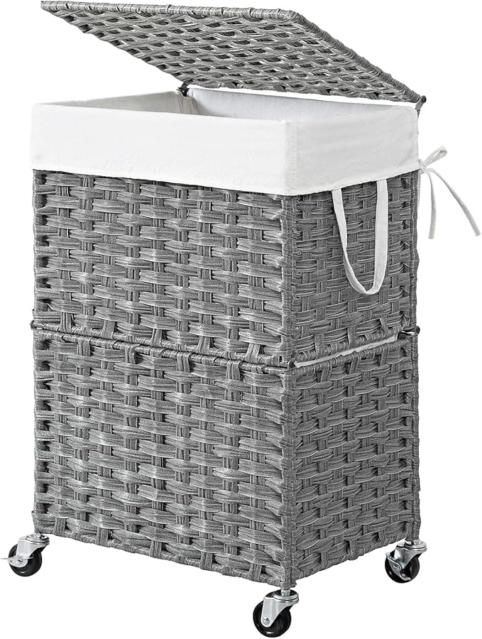Chrislley 90L Slim Laundry Hamper with Wheels,Rolling Laundry Basket with Lid and Renovable Liner Bag,Handwoven Rattan Organizer for bedroom, bathroom, laundry room (Grey)