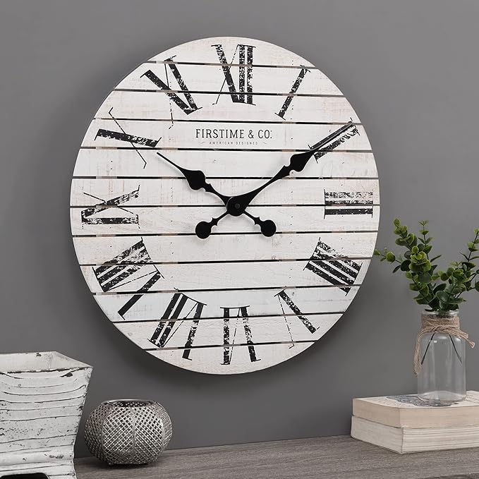 FirsTime & Co. White Farmhouse Shiplap Wall Clock, Large Vintage Decor for Living Room, Home Office, Round, Wood, Boho, 18 inches