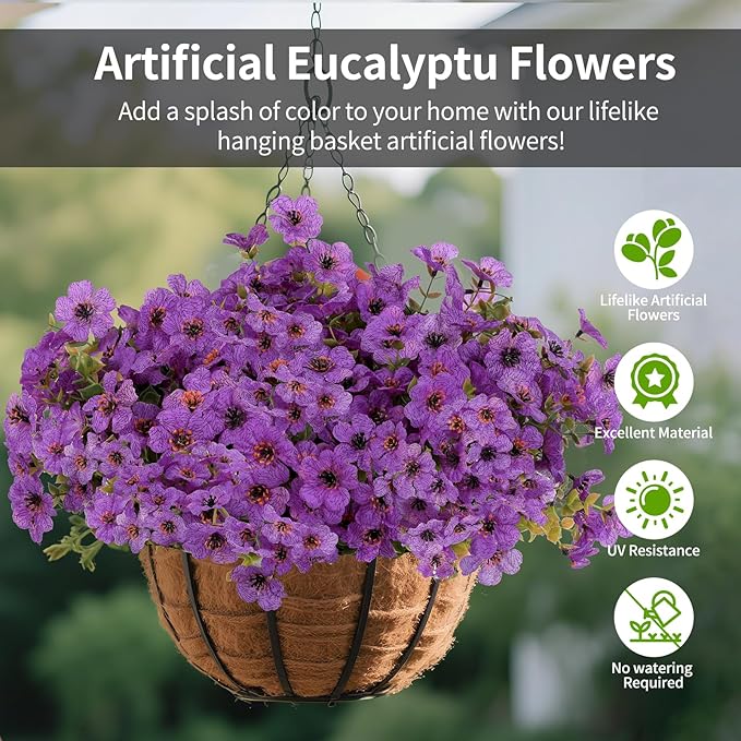 Artificial Flowers Outdoor, Faux Silk Flowers Plastic Plants for Outdoors Indoor Outside Front Porch Hanging Planter Window Box Garden Home Decoration, 14 Bundles(Purple)