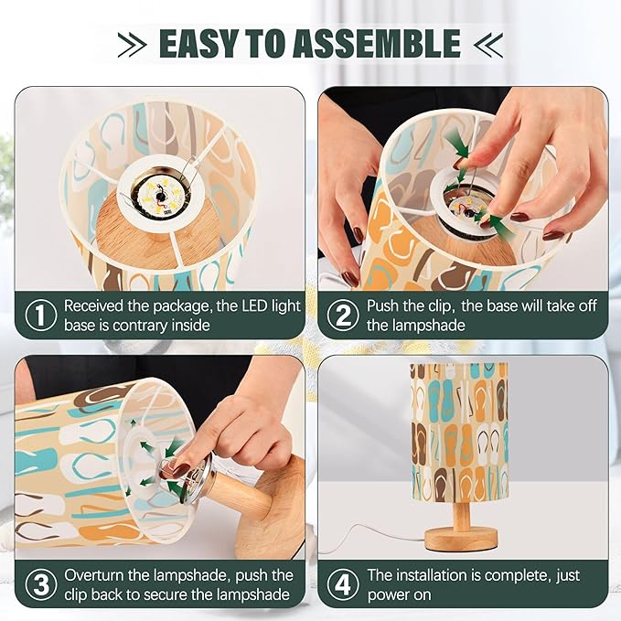 Table Lamp Flip Flops Summer Pattern Nightstand Lamp with Wood Base Fabric Lamp Shade Bedside Desk Lamp for Living Room Bedroom Kids Room Office
