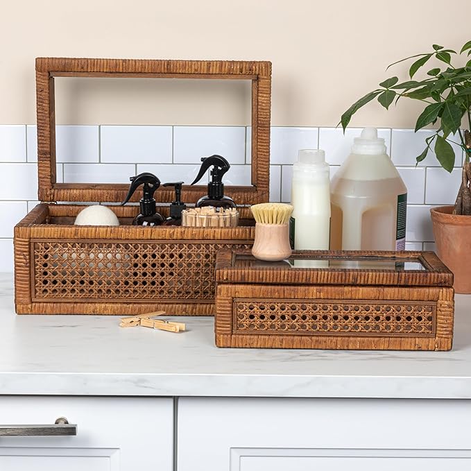 Creative Co-Op Modern Decorative Rectangle Woven Rattan and Wood Display Boxes with Glass Top, Set of 2 Sizes, Dark Brown Finish, Rectangular