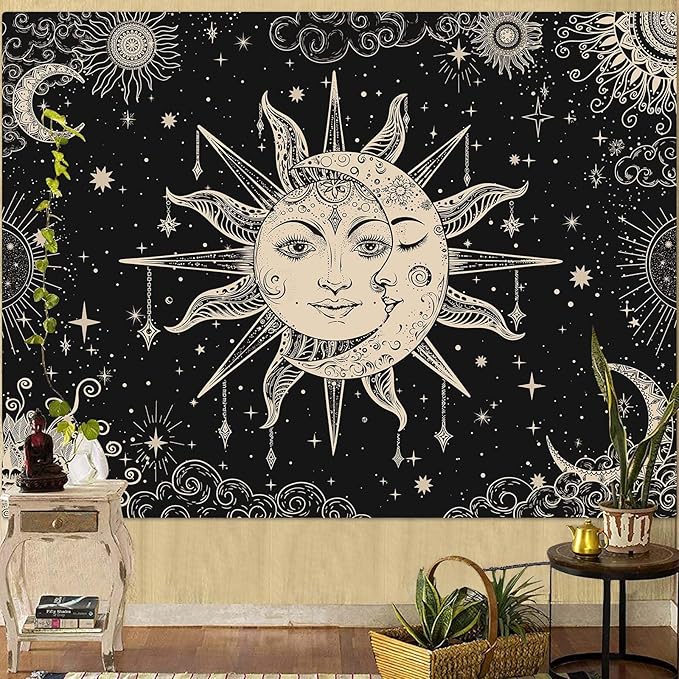 Lunerfex Sun and Moon Tapestry Mandala Wall Tapestry, Vintage Tapestries for Bedroom Ceiling Tapestries Wall Hanging for Bedroom Living Room Wall Decor Sun-2 60"x80"