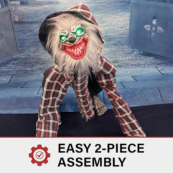 Haunted Hill Farm Squatting Werewolf Animatronic with Movement,Sounds,and Light-Up Eyes for Scary Halloween Decoration,24 x 18 x 30