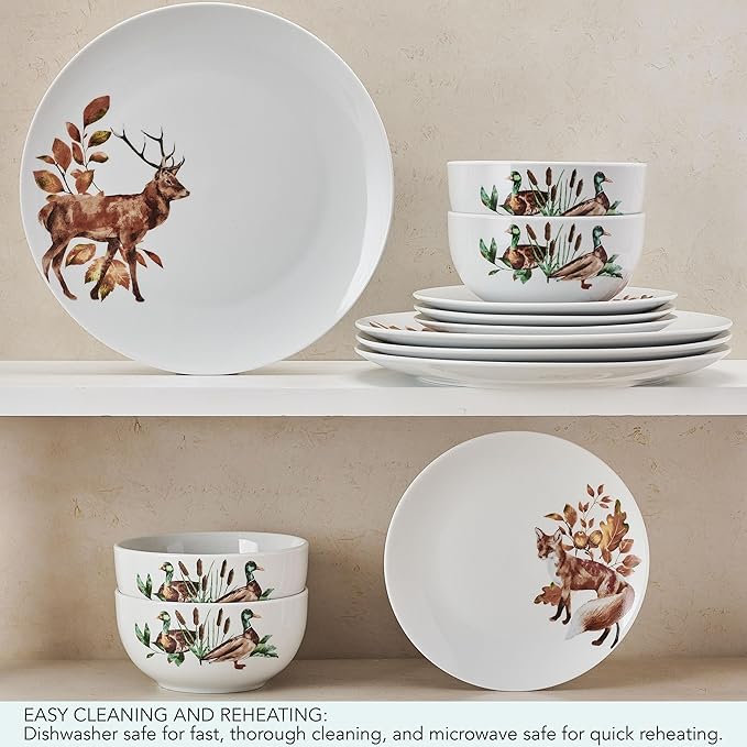 Studio Nova Woodland Wonders Lodge 12 Piece Dinnerware Plate Bowl Set, Service for 4