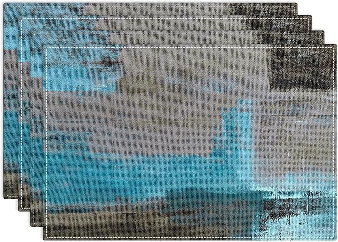 Emvency Farmhouse Placemats Set of 4, Vintage Blue and Grey Art Painting 12x18 Inch Abstract GrayTable Mats for Outdoor Home Party Kitchen Dining Decoration