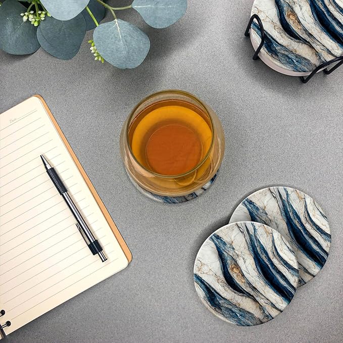 Emerson Coasters for Drinks Absorbent – Set of 6 with Holder, 100% Ceramic Wooden Tabletop Protection Marble Style - Non Slip & Cork Bottom - Heavy Duty (Blue Marble)
