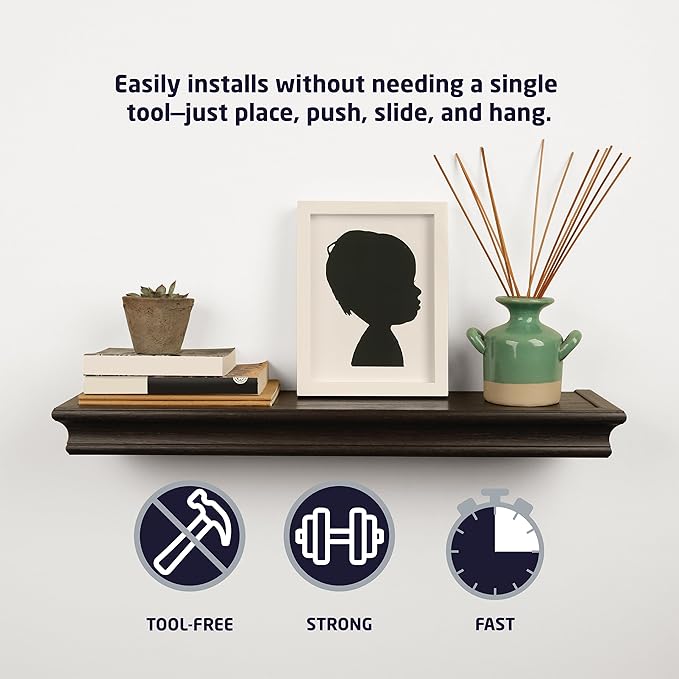HIGH & MIGHTY 515605 Decorative 18" Floating Shelf Holds up to 15lbs, Easy Tool-Free Dry Wall Installation, Beveled, Retail Packaging, Black