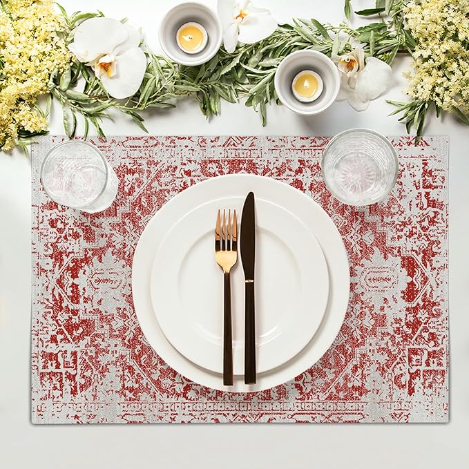 Gray Red Boho Placemats Set of 4 Ethnic Bohemian Carpet Place Mats Washable Kitchen Dining Vintage Grey Geography Floral Linen Table Mats Stain Heat-Resistant Cloth Tabel for Home Party 12x18 in