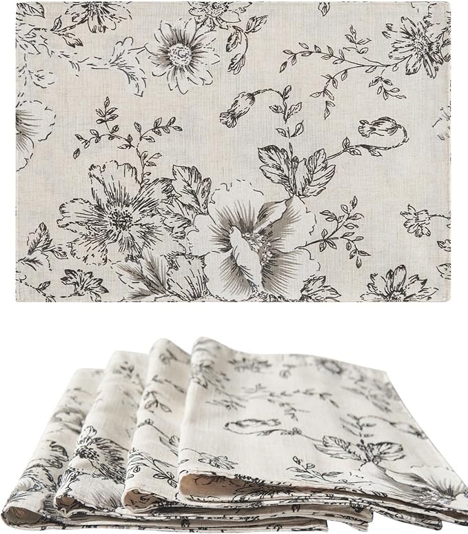 JINCHAN Floral Placemats Set of 4 Farmhouse Fall Autumn Linen Placemats Cloth Table Mats Holiday Seasonal Rustic for Kitchen Dining Table Decor Heat Resistant Washable Tablemats 13x19 Inch Black