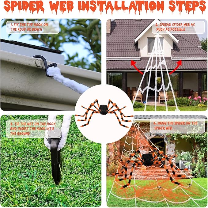Halloween Spider Web and Giant Spiders Decorations Set Triangle Spider Web & Realistic Scary Fake Large Hairy Yellow Spider Props for Indoor/Outdoor Porch & Yard Parties Haunted House Halloween Décor