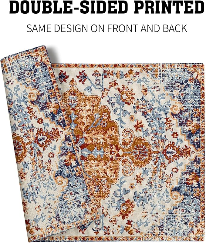 Ethnic Boho Placemats Set of 6 Bohemian Carpet Vintage Orange Grey Floral Linen Washable Kitchen Dining Table Mats Stain Heat-Resistant Desktop Decor Place Mats for Home Party Indoor 12x18 in