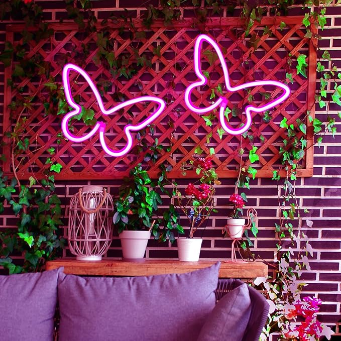 2 Pieces Butterfly Neon Sign, LED Light for Bedroom Wall Decor, USB/Battery Powered Night Light for Kids Room, Girls Home, Wedding, Birthday Party Art Decorations
