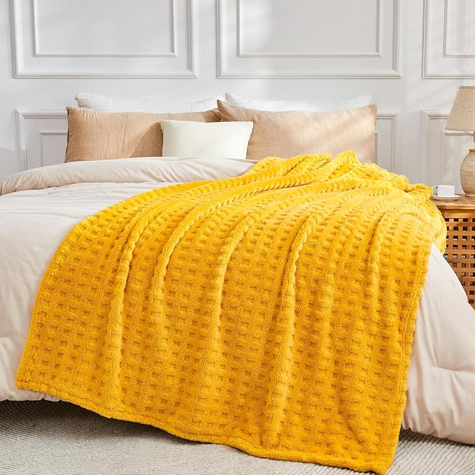 NEWCOSPLAY Super Soft King Blanket Yellow Premium Silky Flannel Fleece 3D Waffle Checkered Lightweight Bed Blanket All Season Use (Mustard Yellow, King(90"x110"))